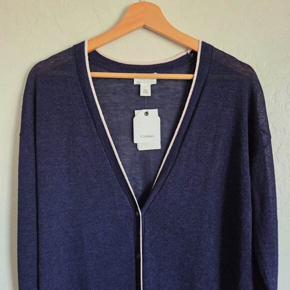 Caslon Linen Blend Button Up V-Neck Cardigan Navy Size Large Nautical Preppy NEW - Picture 3 of 10